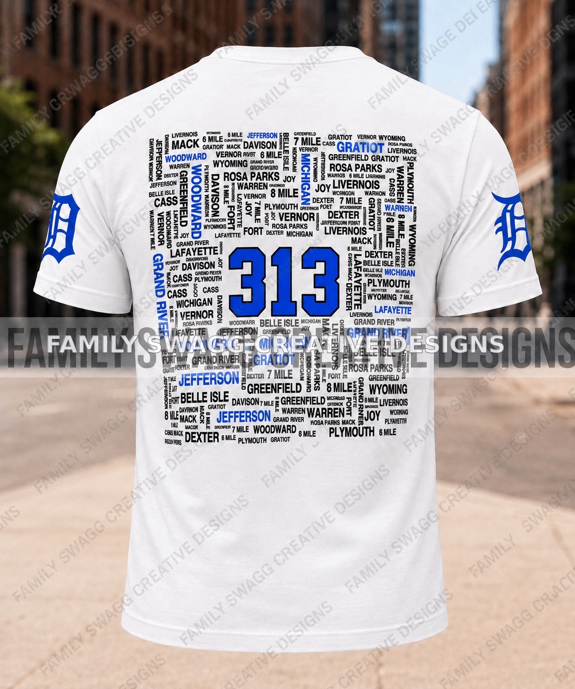 Close-up back view showing the royal-blue 313 surrounded by Detroit street names