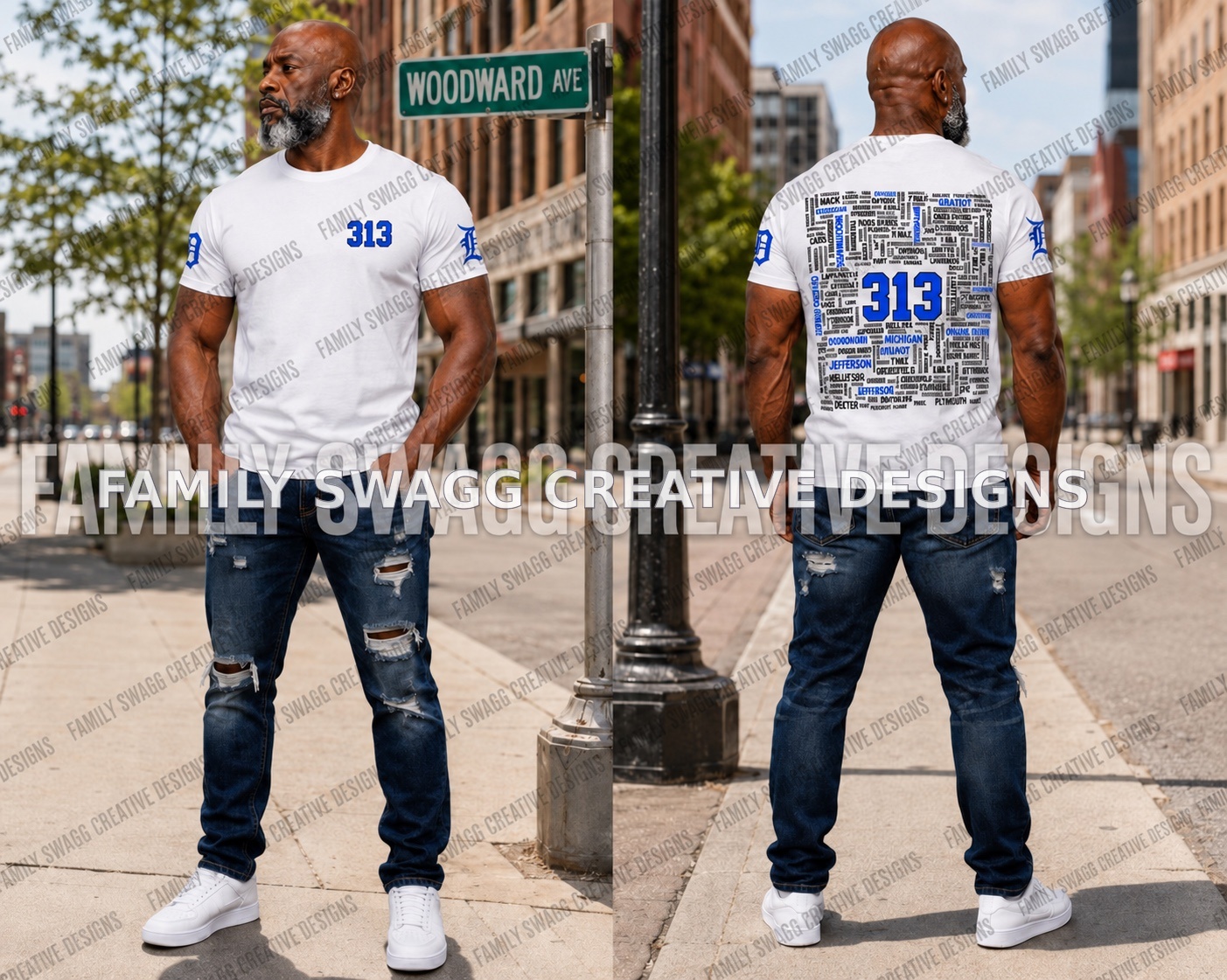 Front and back modeled views of the Detroit 313 shirt on Woodward Avenue