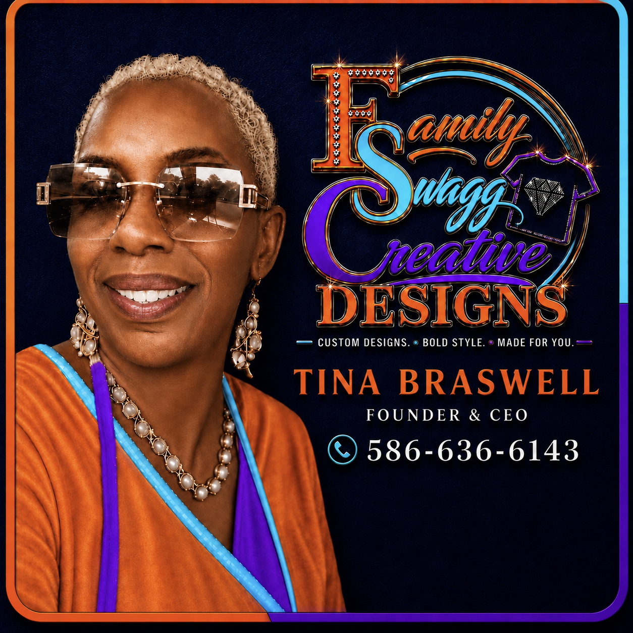 Tina Braswell, Founder and CEO, beside the colorful Family Swagg Creative Designs logo