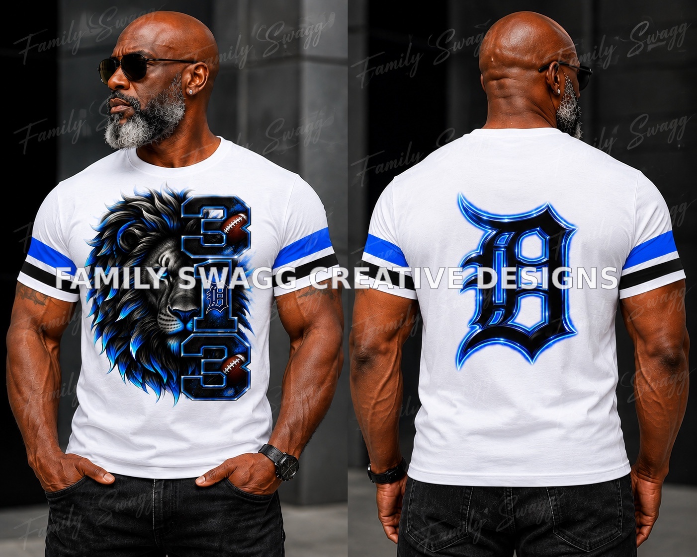 Front and back views of a customized white 313 lion sublimation shirt with blue and black details