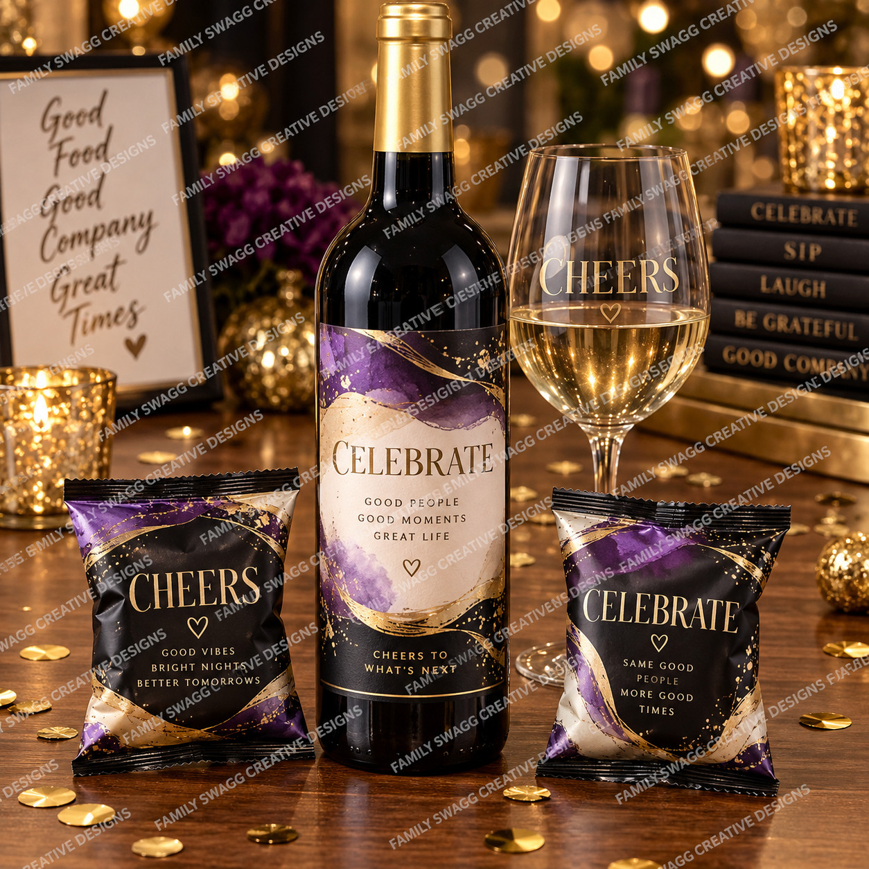 Elegant adult celebration display with a custom wine-bottle label, decorative wine glass and coordinated snack-size chip bags on a warm wooden table