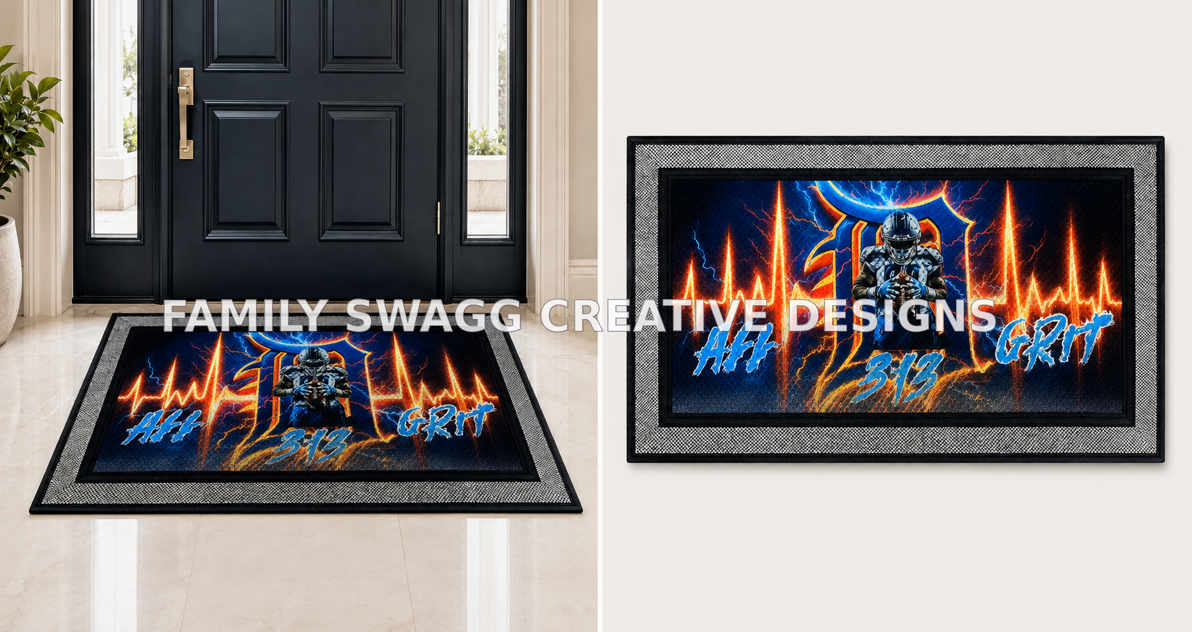 Vibrant customized All Grit football door rug displayed on a polished marble entryway floor