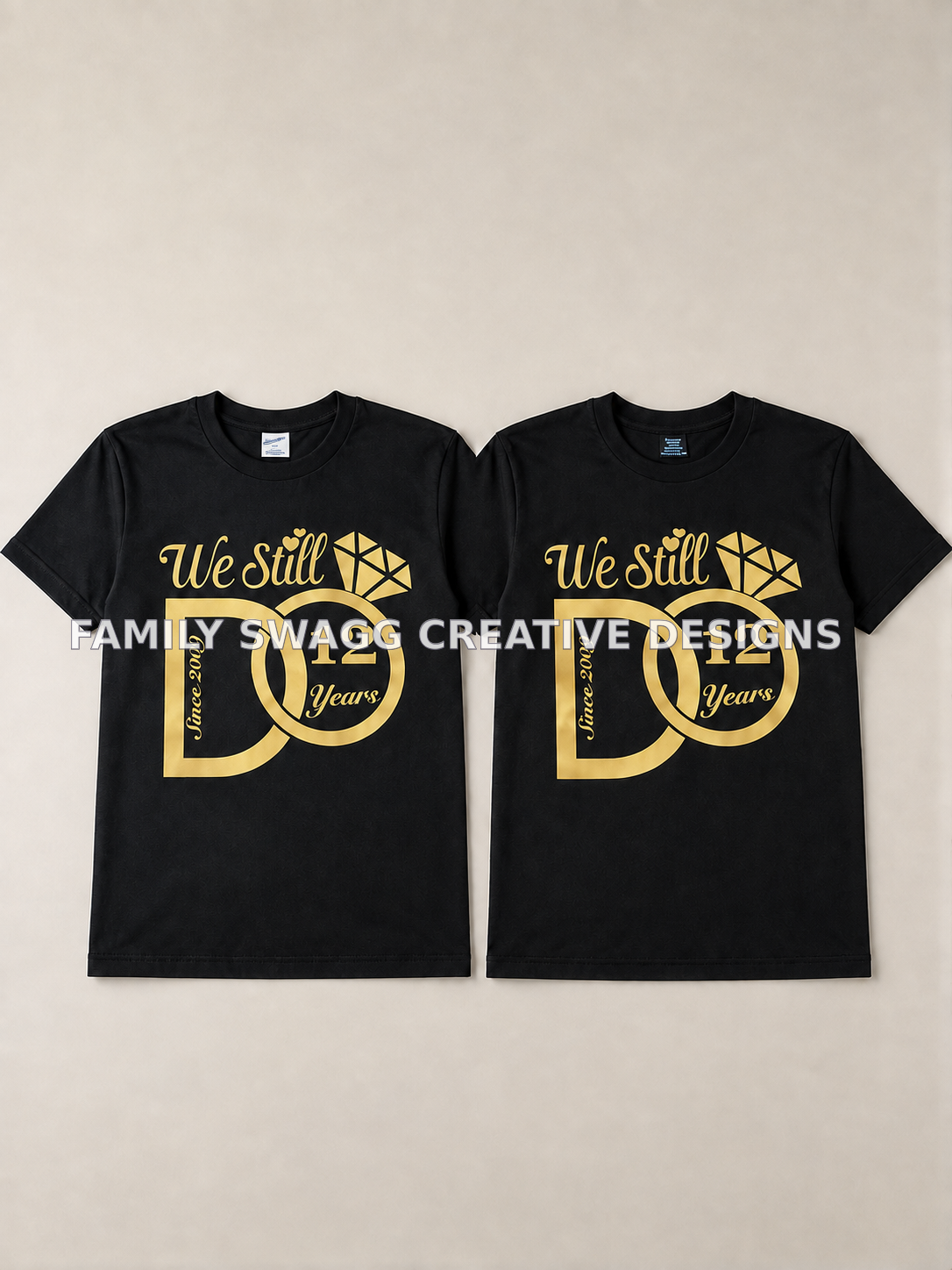 Straight-on view showing the complete black and gold anniversary shirt wording