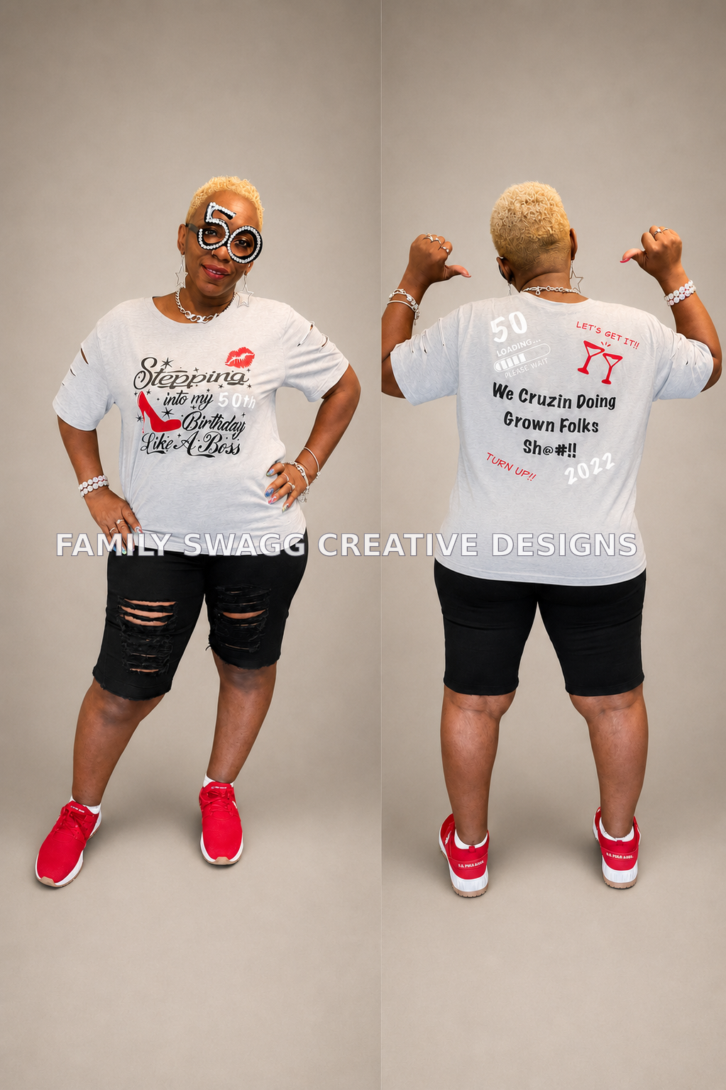 Side-by-side front and back views of a custom 50th birthday shirt