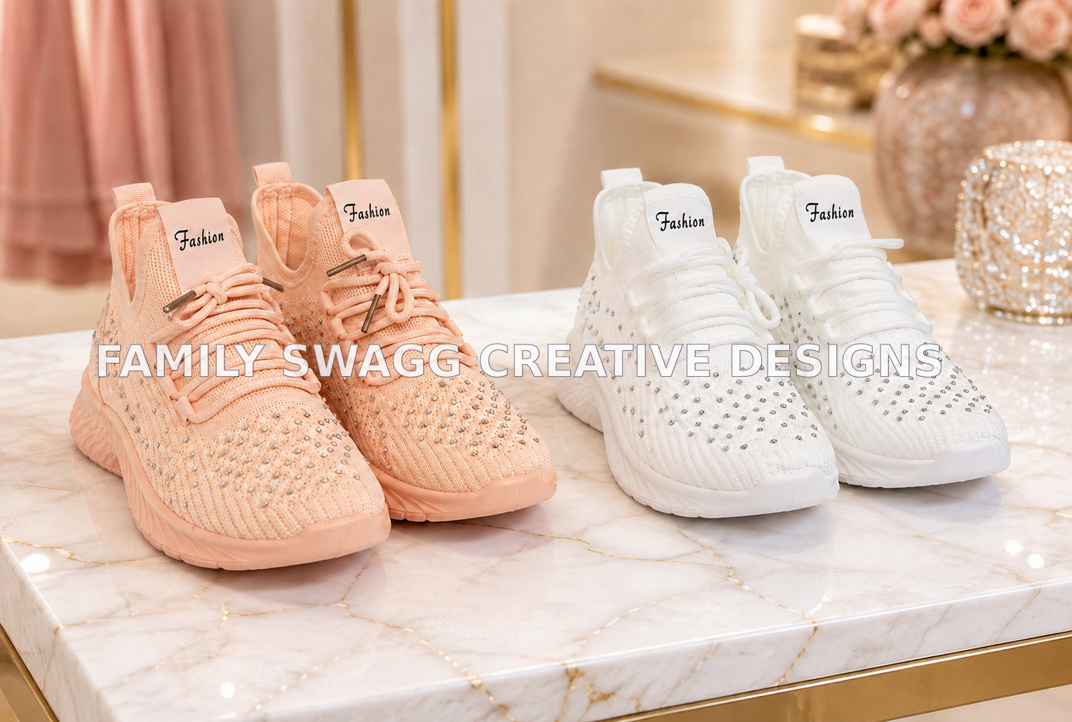 Peach-pink and white customized rhinestone bling gym shoes displayed side by side on an elegant marble boutique counter