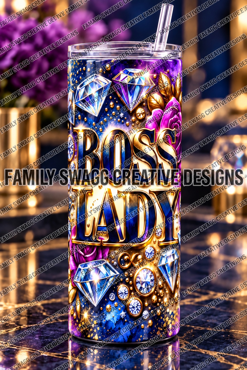 Jeweled Boss Lady tumbler with purple roses and blue diamonds