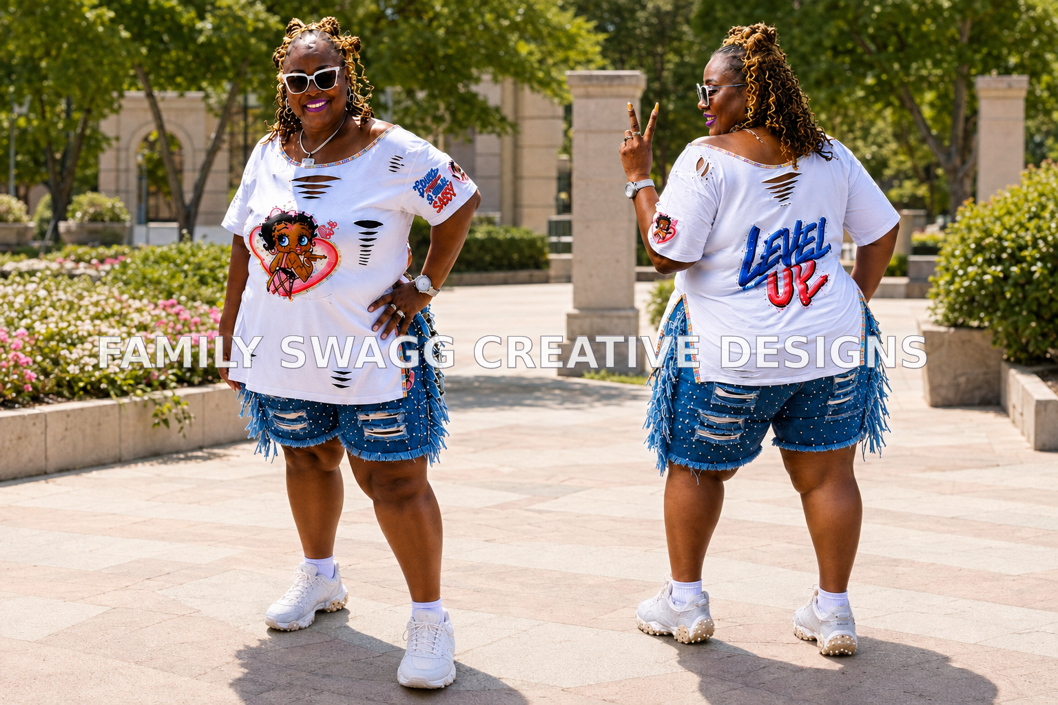 Same African-American woman modeling front and back views of a customized white Bougie and Sassy outfit outdoors