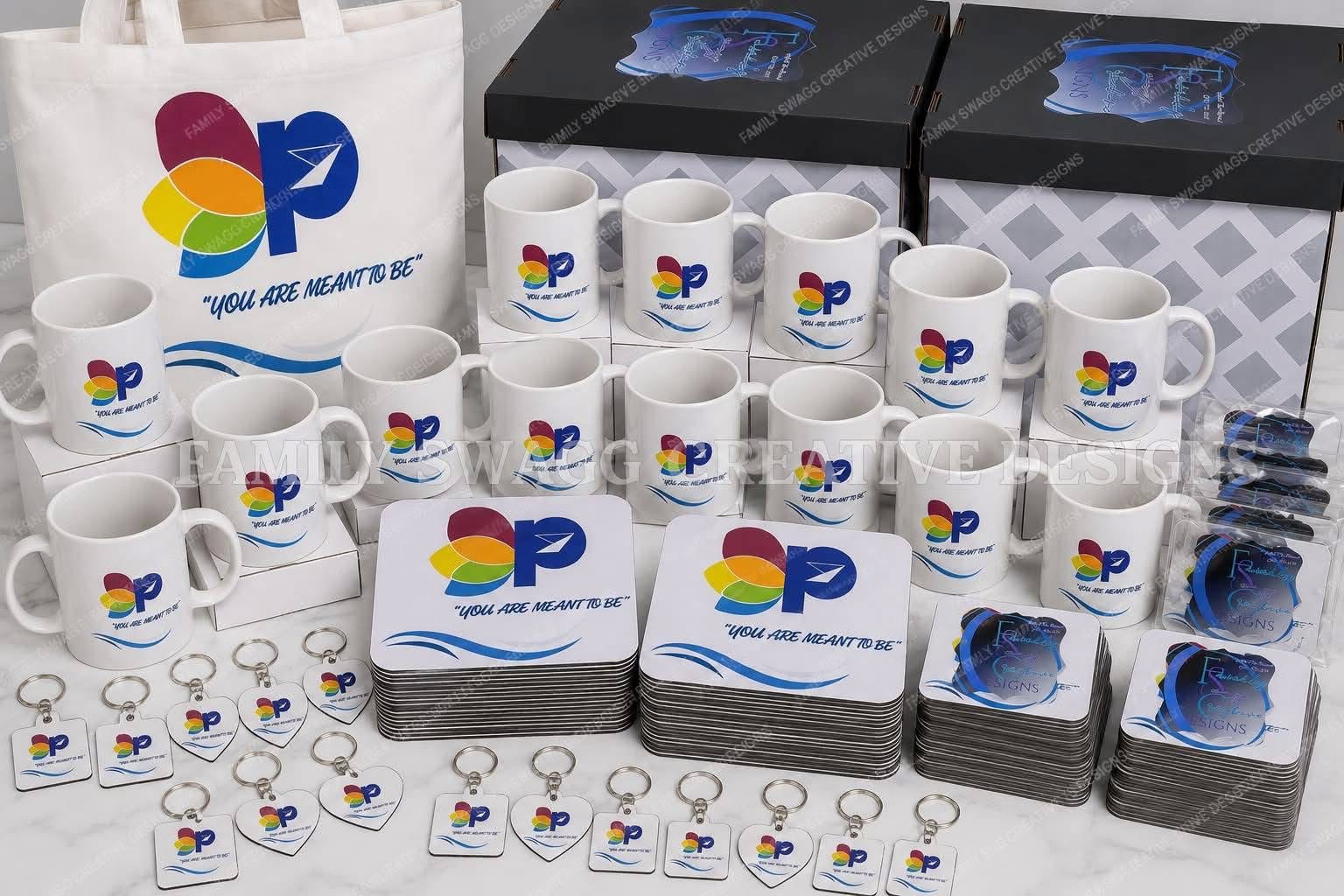 Corporate and business custom order featuring tote bags, coffee mugs, mouse pads, keychains, coasters, magnets and packaged items