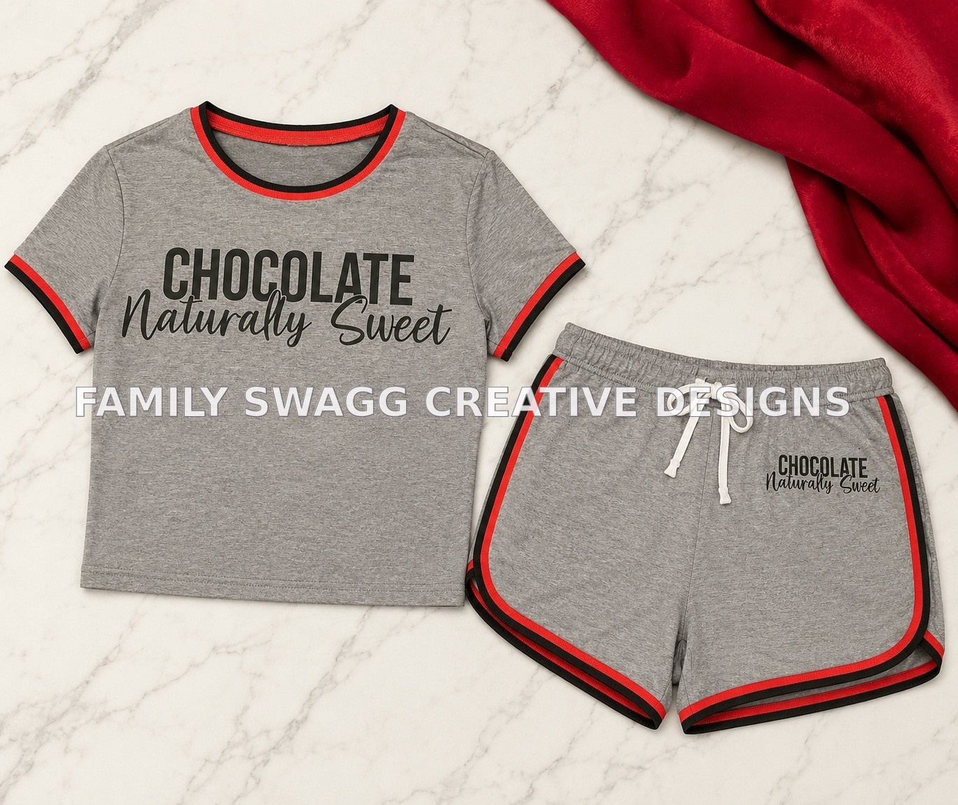 Flat product view of the gray Chocolate Naturally Sweet customized shirt and matching shorts