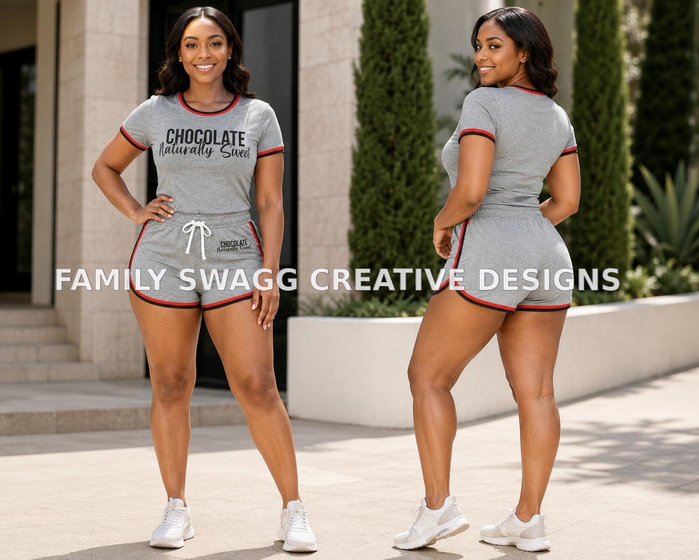 Same young adult African-American woman shown side by side wearing the complete gray Chocolate Naturally Sweet customized shirt and shorts outfit