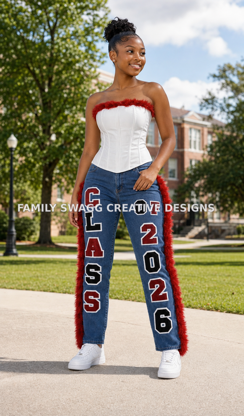 African-American high-school student modeling a customized white corset and embellished Class of 2026 jeans outdoors