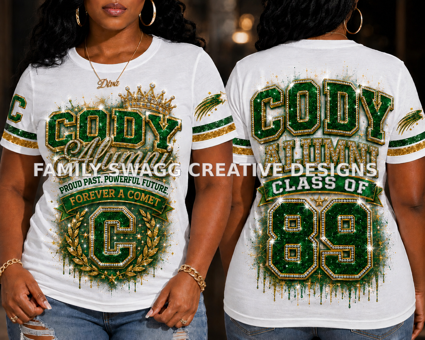 Front and back views of a customized white Cody Alumni Class of 1989 shirt in green and gold