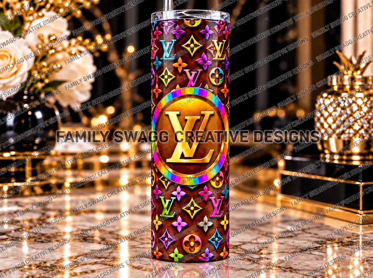 Colorful monogram pattern tumbler with gold center emblem
