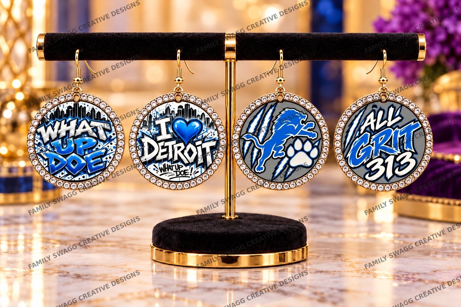 Customized Detroit WHAT UP DOE and I Love Detroit earrings with silver rhinestones