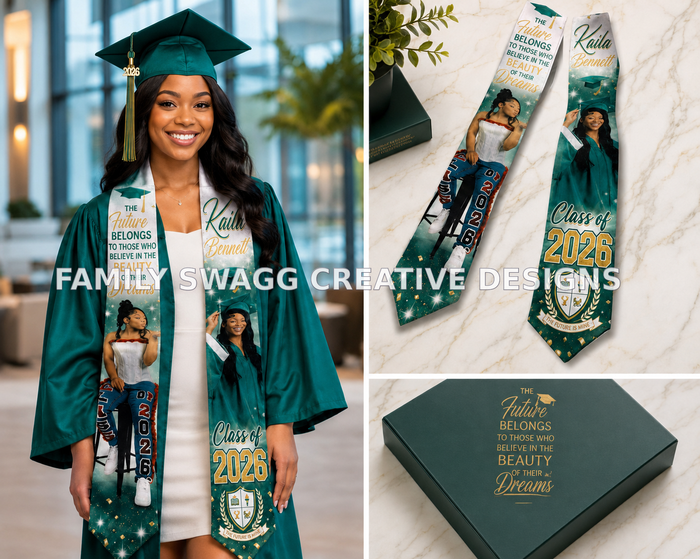 Three-panel display of a personalized emerald-green Class of 2026 sublimation graduation stole modeled, laid flat and presented with a gift box