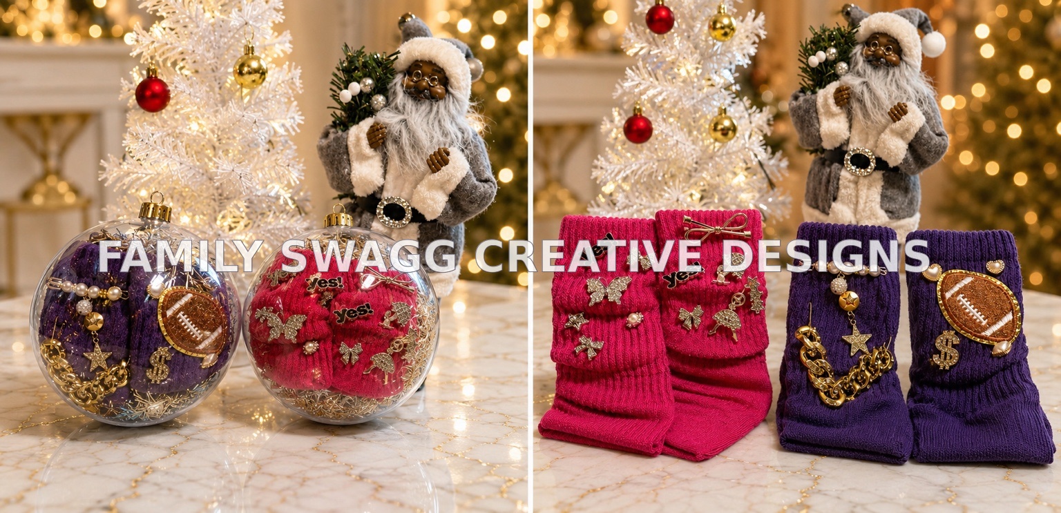 Side-by-side display of customized hot-pink and purple junk socks inside clear ornaments and shown outside the ornaments