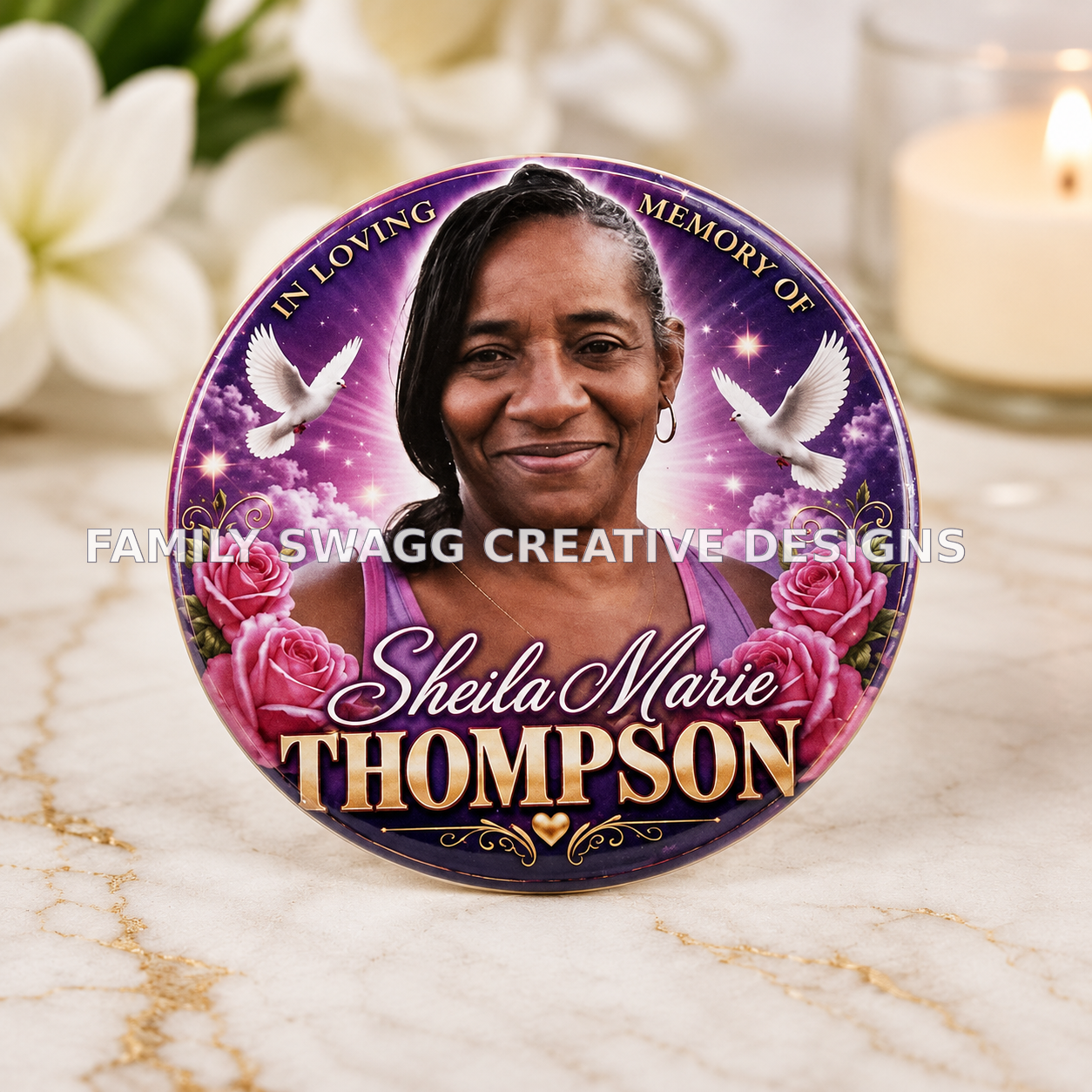 Close-up of a customized purple and gold Sheila Marie Thompson memorial button