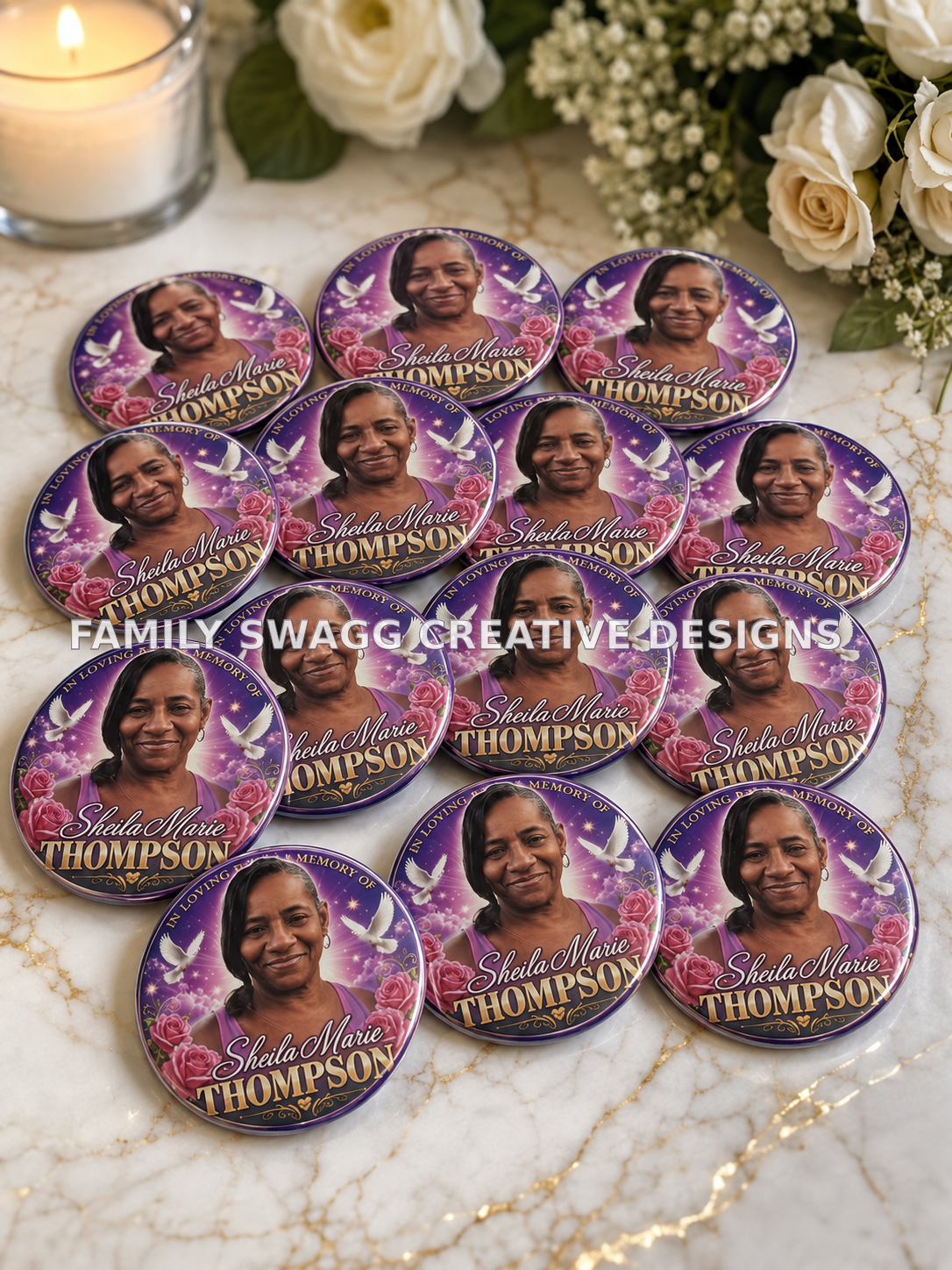 Coordinated set of customized Sheila Marie Thompson memorial buttons on an elegant marble countertop