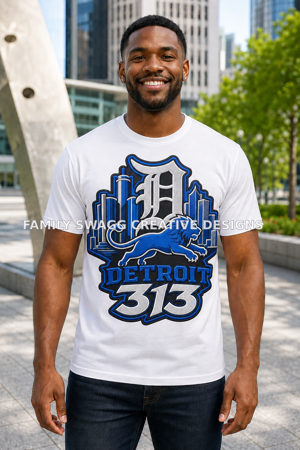 African-American male modeling a customized Detroit 313 full-front sublimation shirt outdoors
