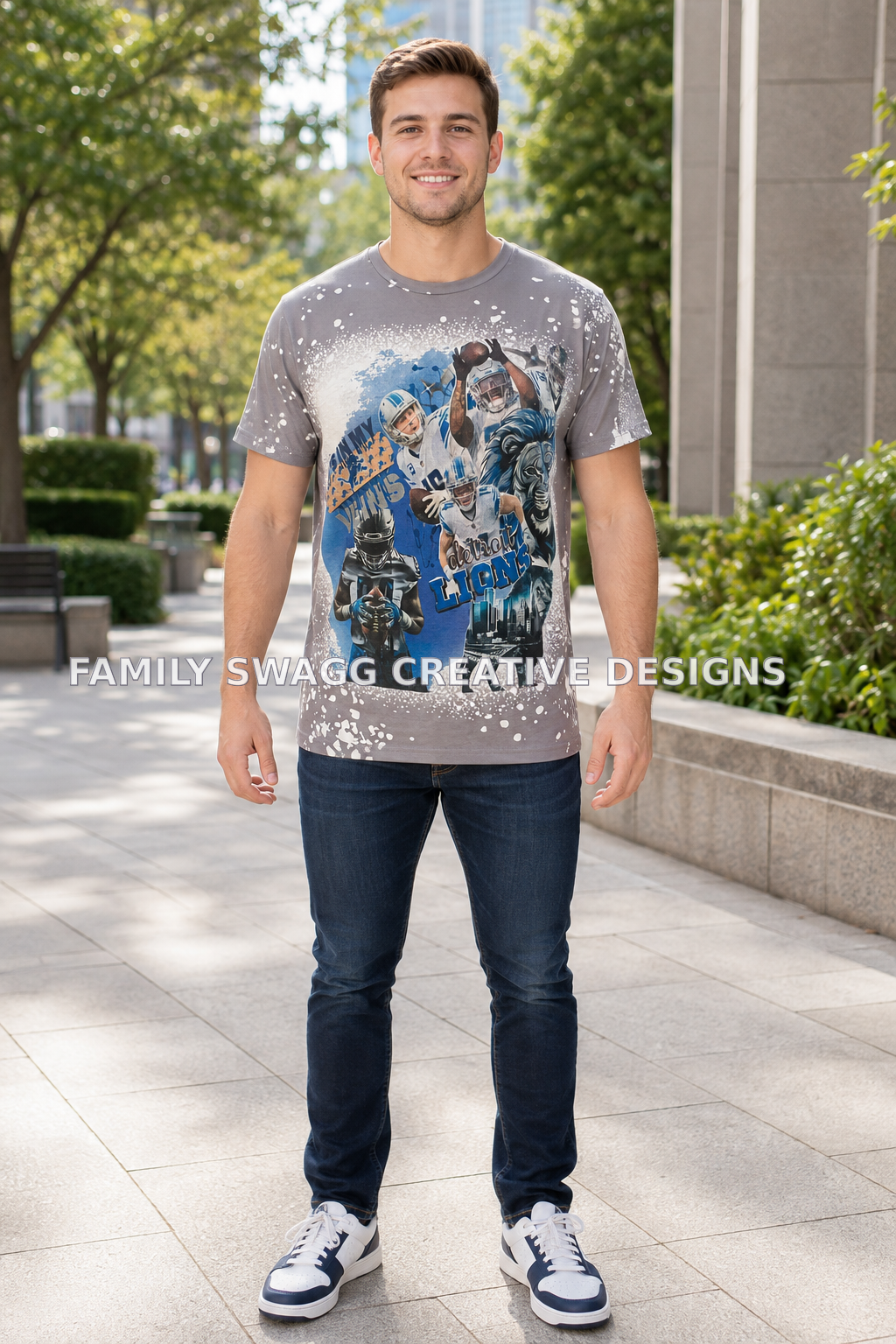 Athletic young Caucasian man modeling a gray Detroit football collage shirt outdoors