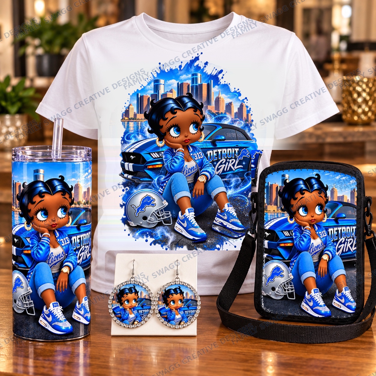 Coordinated Detroit Girl custom order collection with a white shirt, tumbler, crossbody bag and earrings