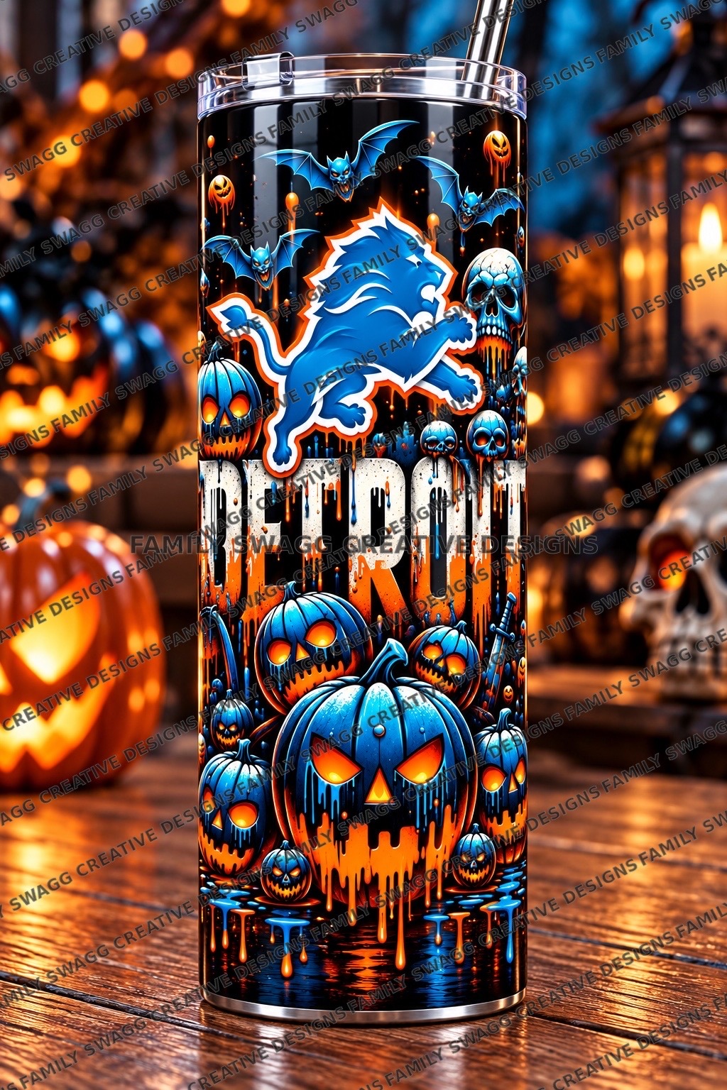Blue and orange football themed Halloween tumbler with pumpkins