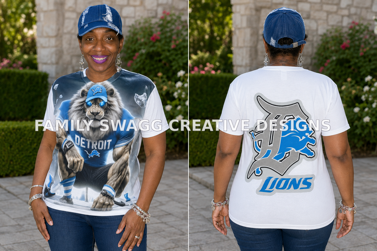 Same model showing crystal-clear front and back views of a white Detroit lion statement shirt outdoors