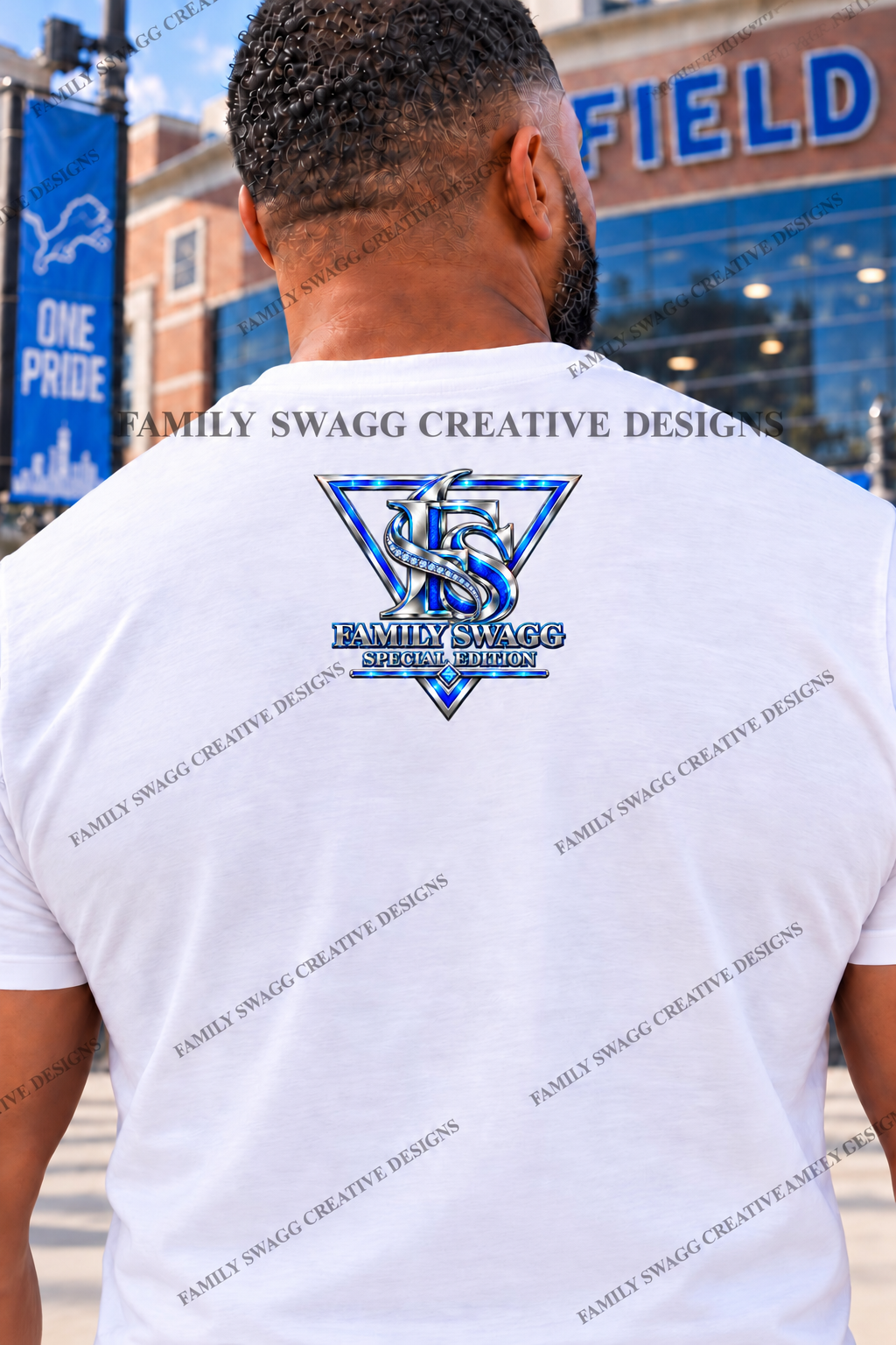 Larger back view of the Detroit Special Edition shirt and silver and electric-blue Family Swagg stamp