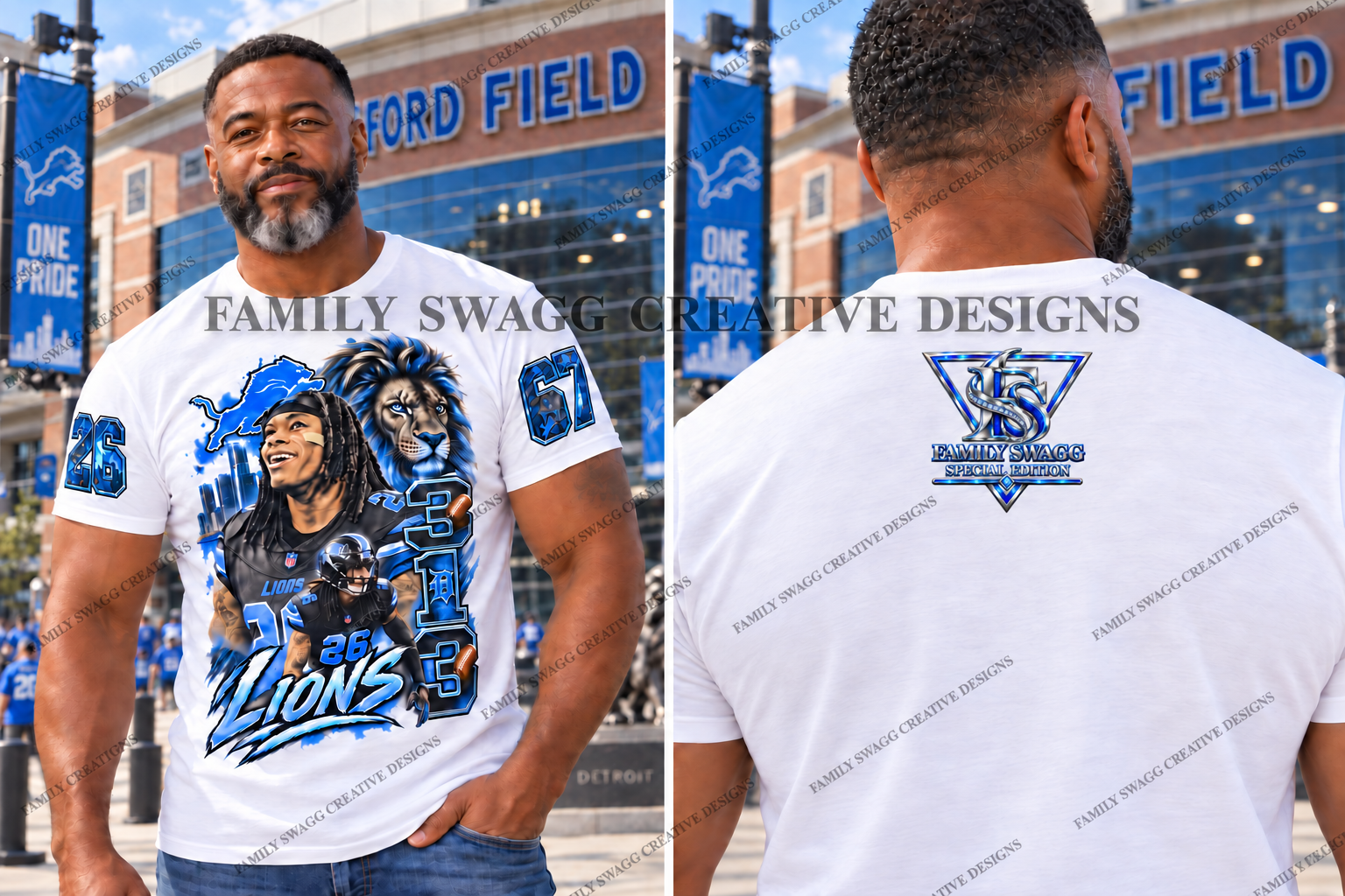 Side-by-side front and back views of the Detroit Special Edition white shirt, with blue Lions artwork and a small silver and electric-blue Family Swagg back stamp