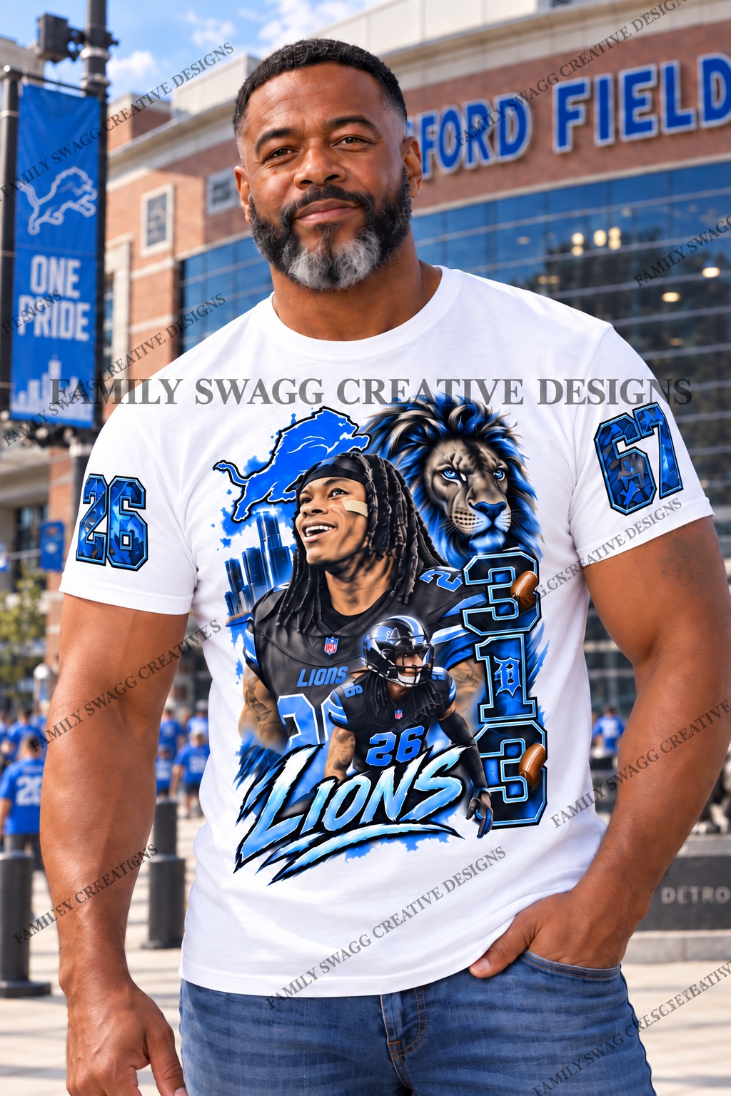 Larger front view of the Detroit Special Edition shirt with blue Lions artwork