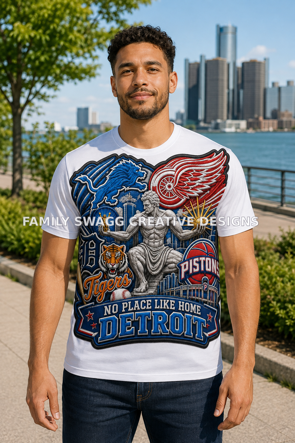 Mixed-race male modeling a customized No Place Like Home Detroit sports collage full-front sublimation shirt outdoors