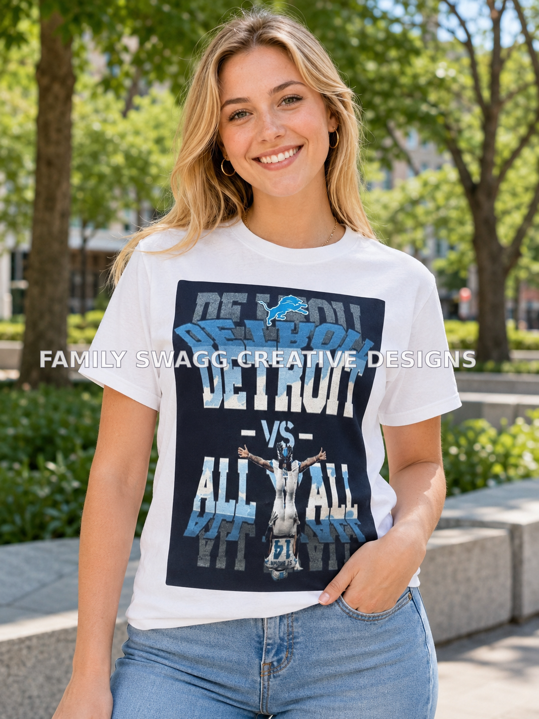 Young Caucasian woman modeling a Detroit versus All Y'all statement shirt outdoors