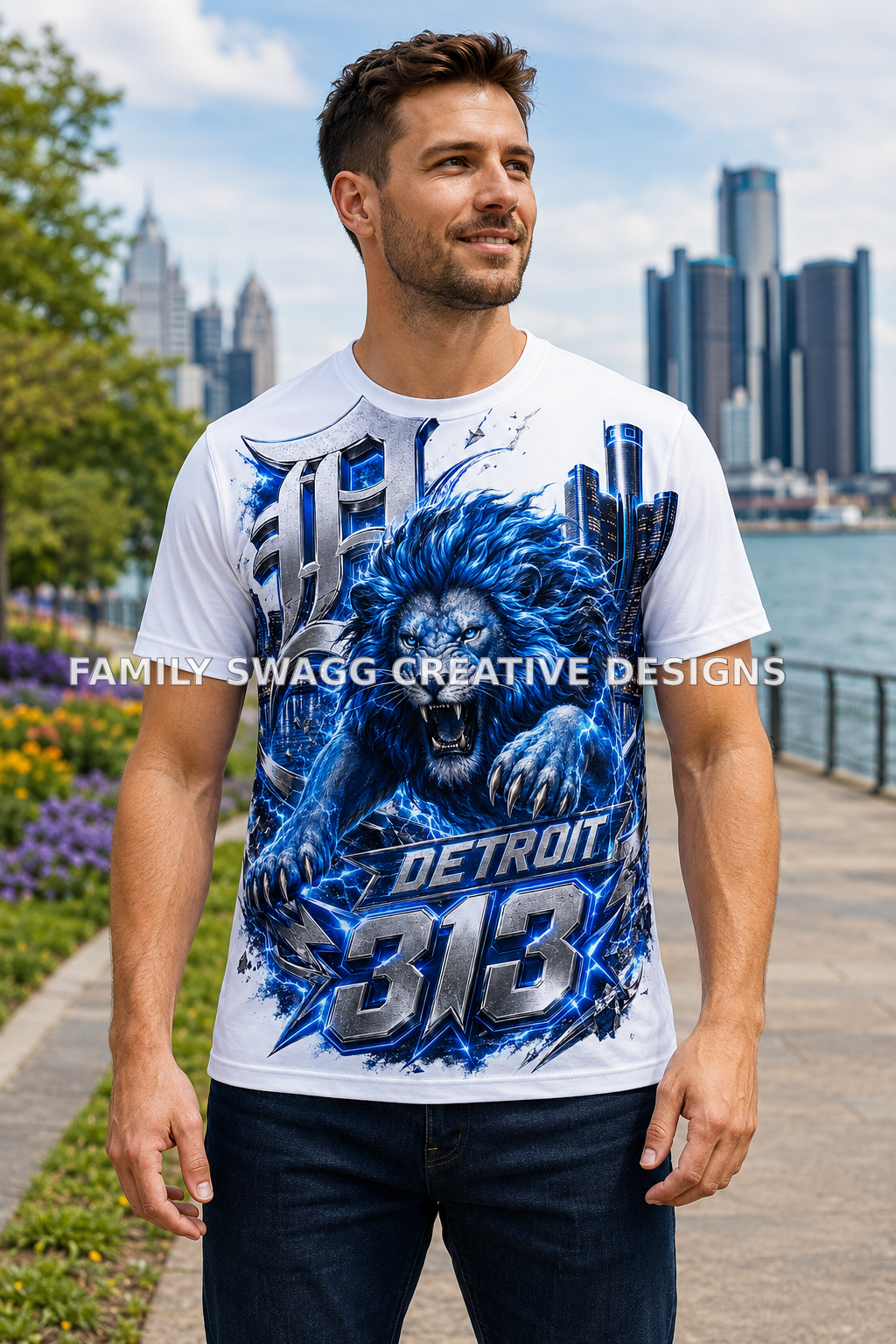Caucasian male modeling a customized electric-blue Detroit 313 full-front sublimation shirt outdoors
