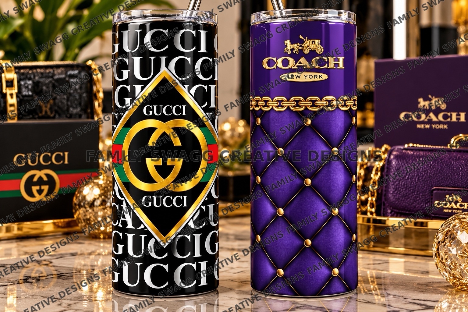 Black patterned and purple quilted tumblers shown side by side