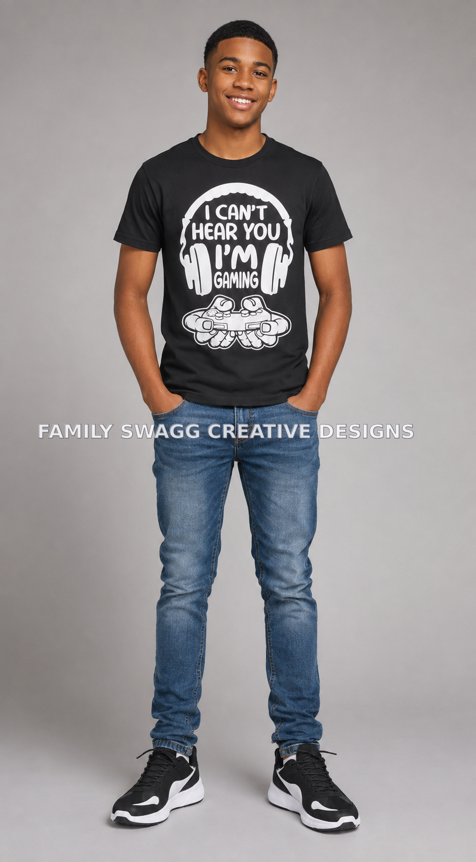 Young man wearing a personalized black gaming shirt