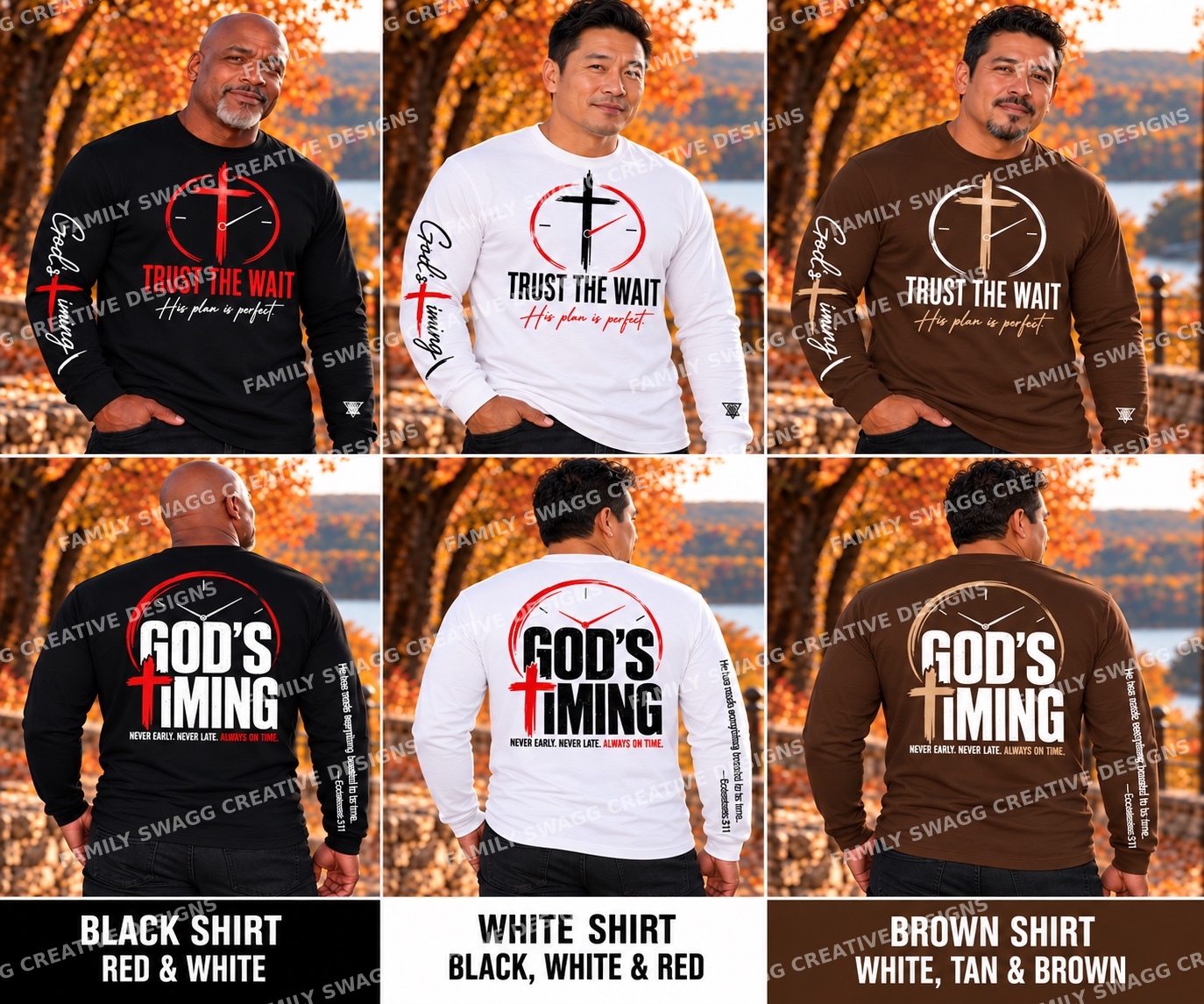 God’s Timing men’s long sleeve shirts in black, white and brown, front and back
