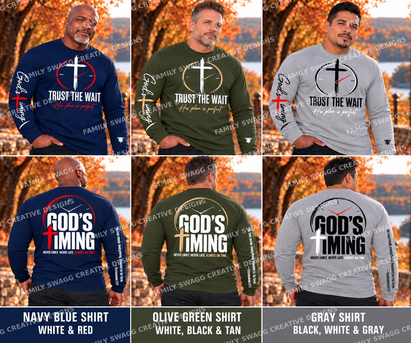 God’s Timing men’s long sleeve shirts in navy blue, olive green and gray, front and back