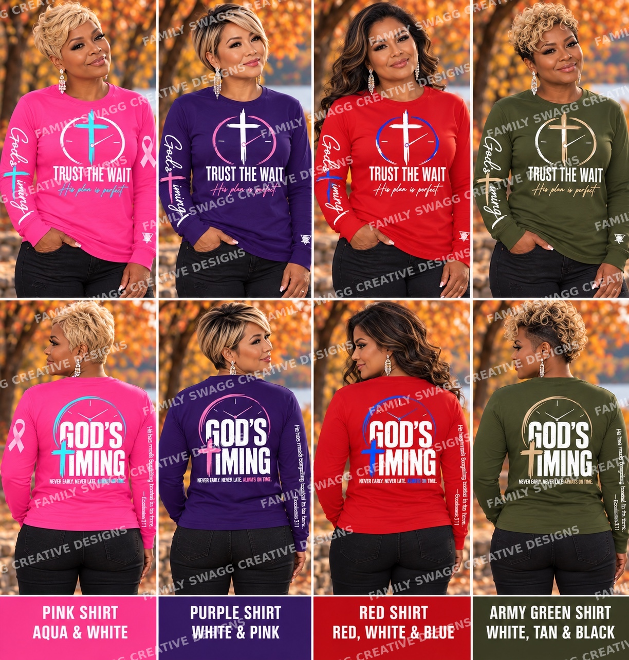God’s Timing women’s shirts in pink, purple, red and army green, front and back