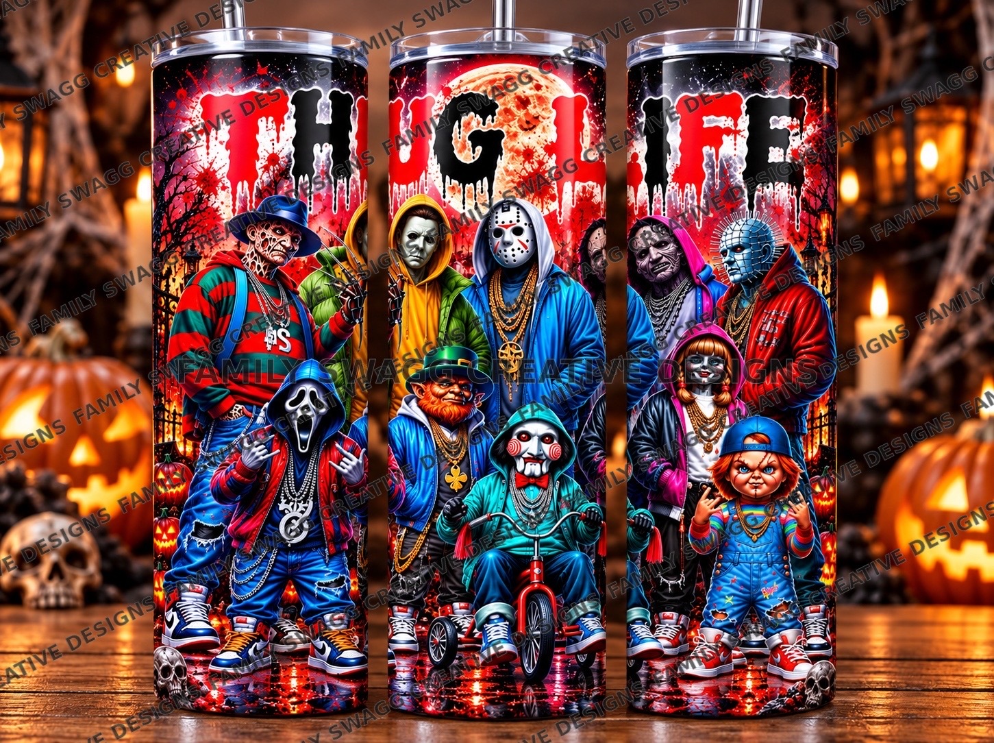 Three different Halloween character tumblers displayed together
