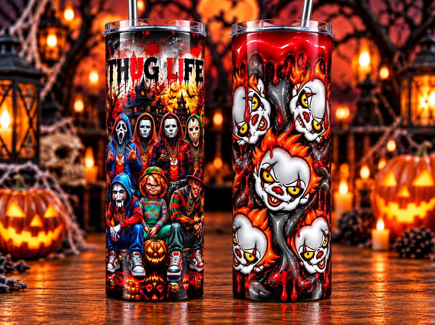 Two different red and black Halloween tumblers displayed side by side