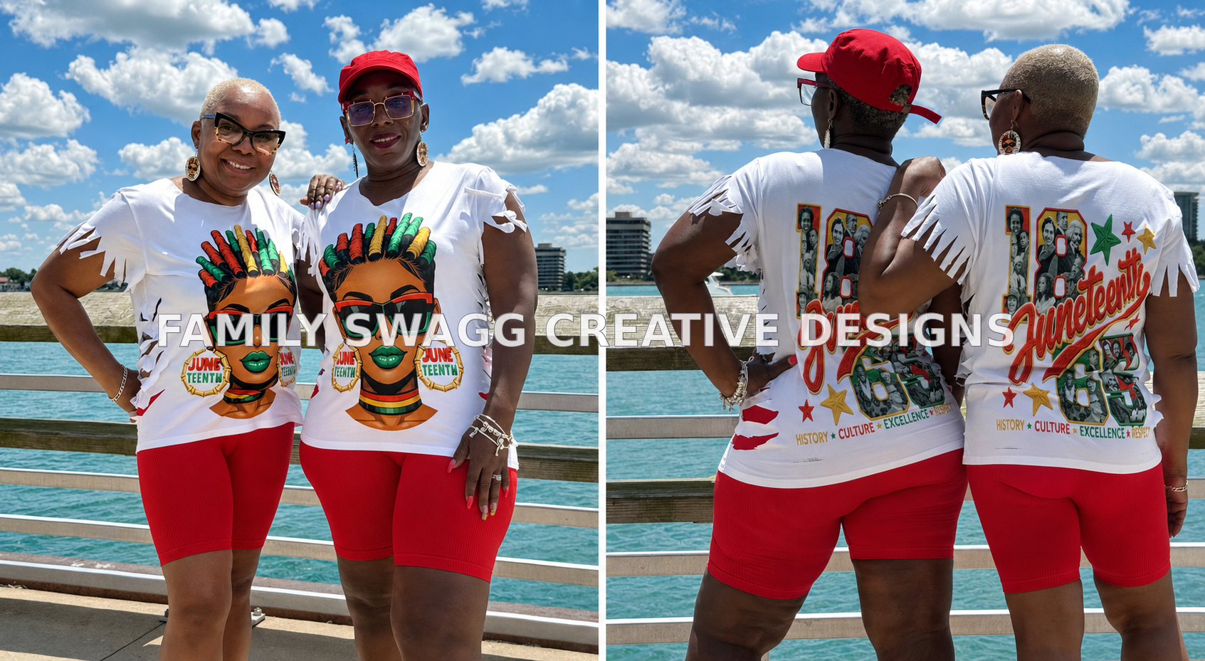 Bright, clear front and back views of two matching customized Juneteenth shirts modeled outdoors by the waterfront