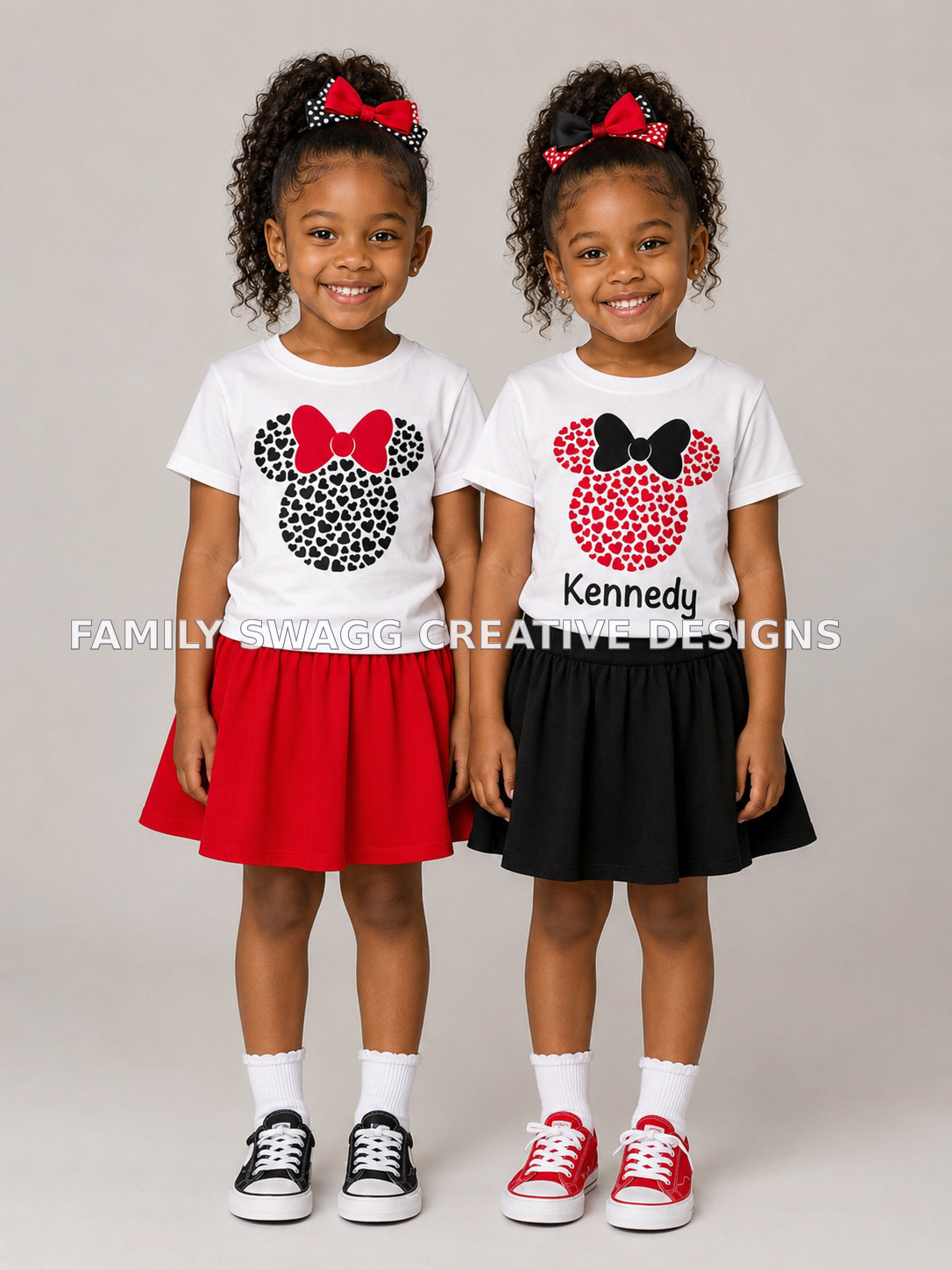 Two young models wearing personalized heart-pattern shirts including one named Kennedy