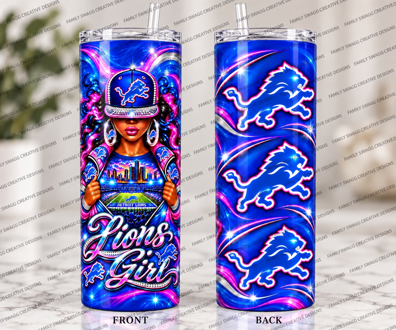 Watermarked Lions Girl blue and pink tumbler shown in front and back views
