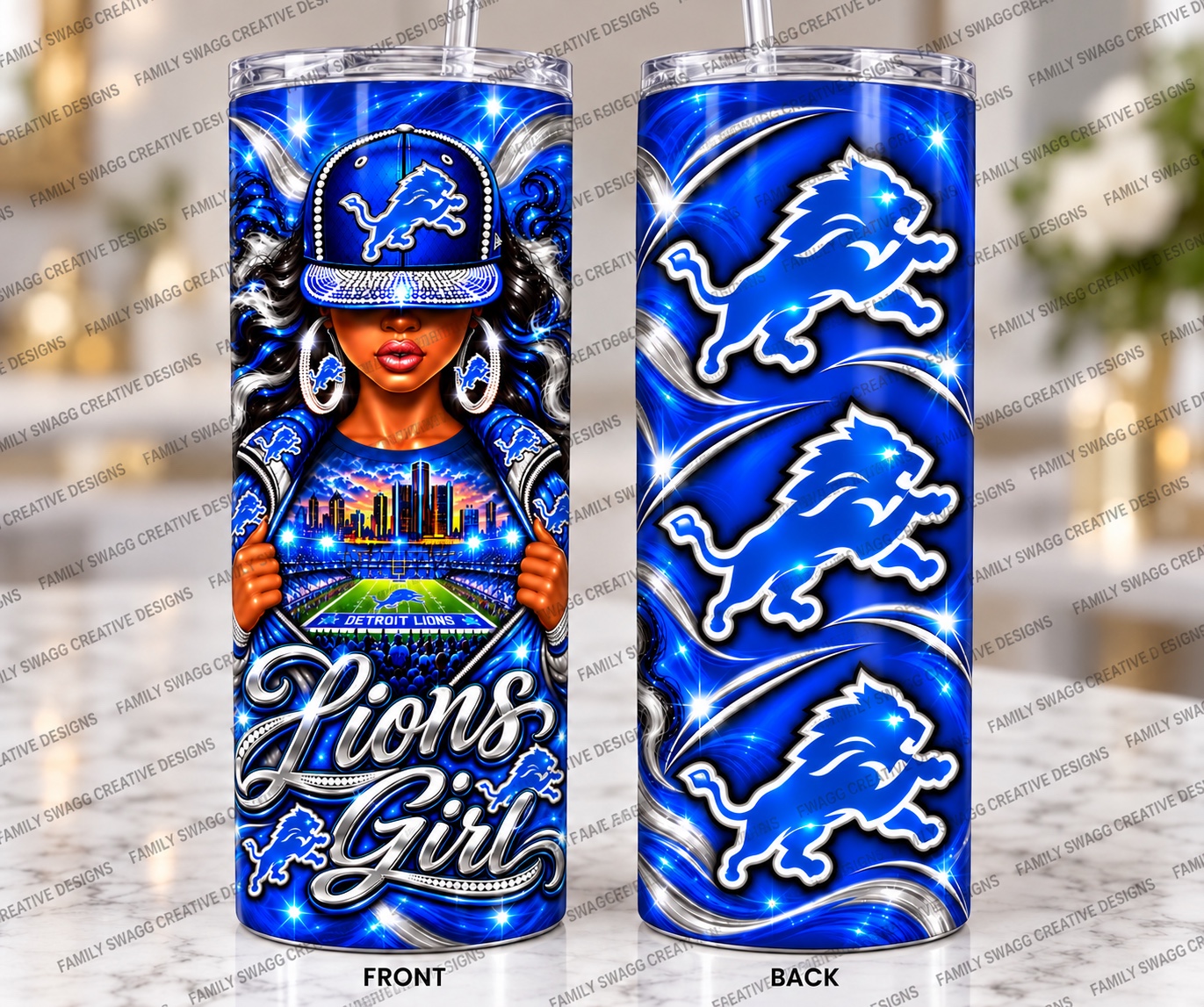 Watermarked Lions Girl blue and silver tumbler shown in front and back views