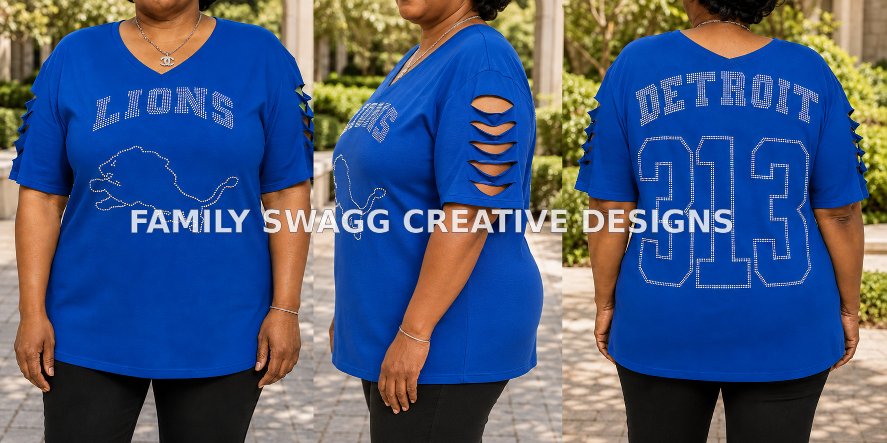 Front side and back outdoor views of a royal-blue Lions shirt decorated with iridescent rhinestones