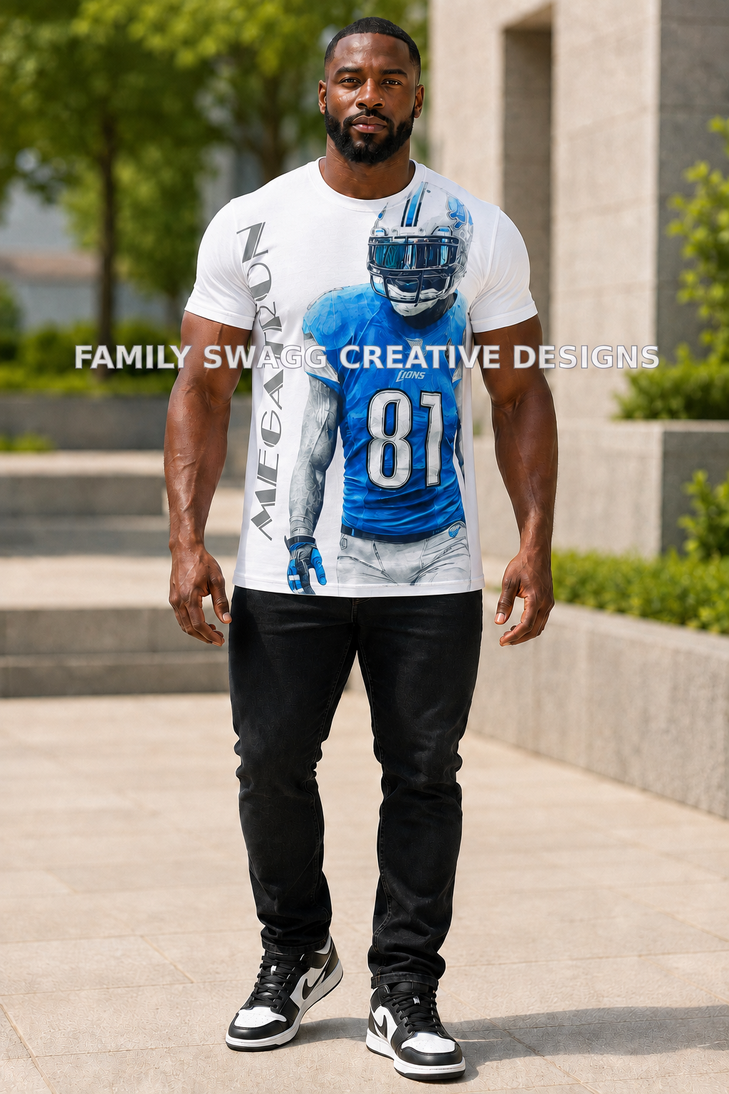 Muscular 35-year-old African-American man modeling a fitted white Megatron number 81 football shirt outdoors with the complete printed design contained within the shirt