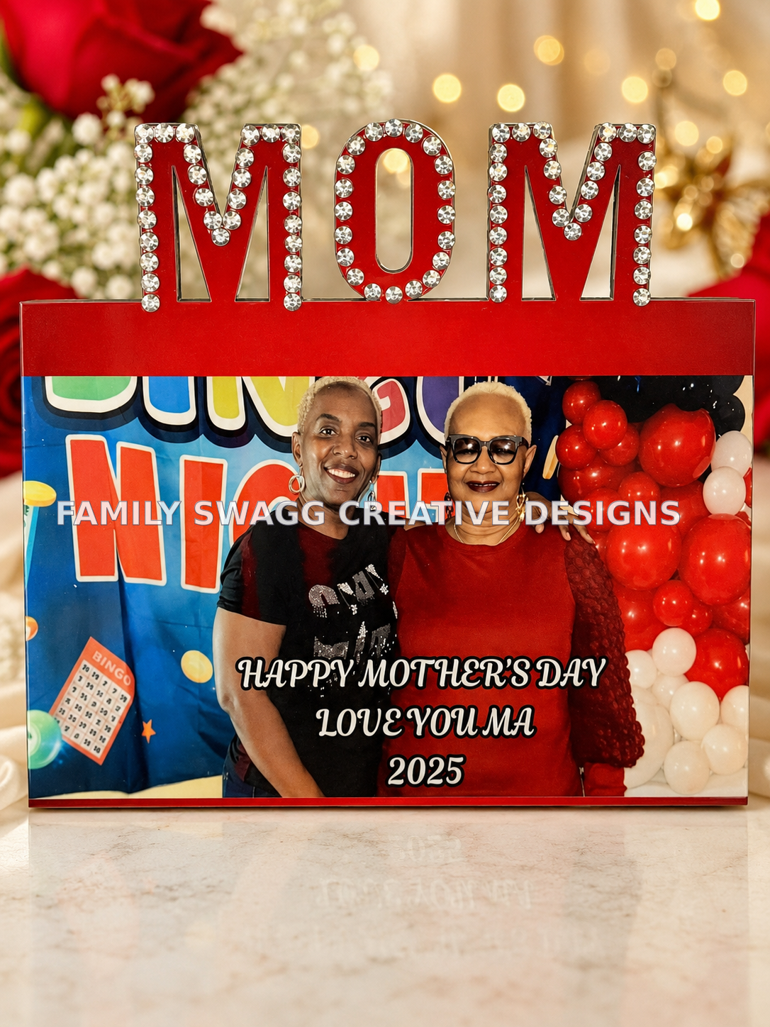 Close-up customized red MOM sublimation plexiglass photo plaque with optional crystal rhinestones and a Mother’s Day photograph