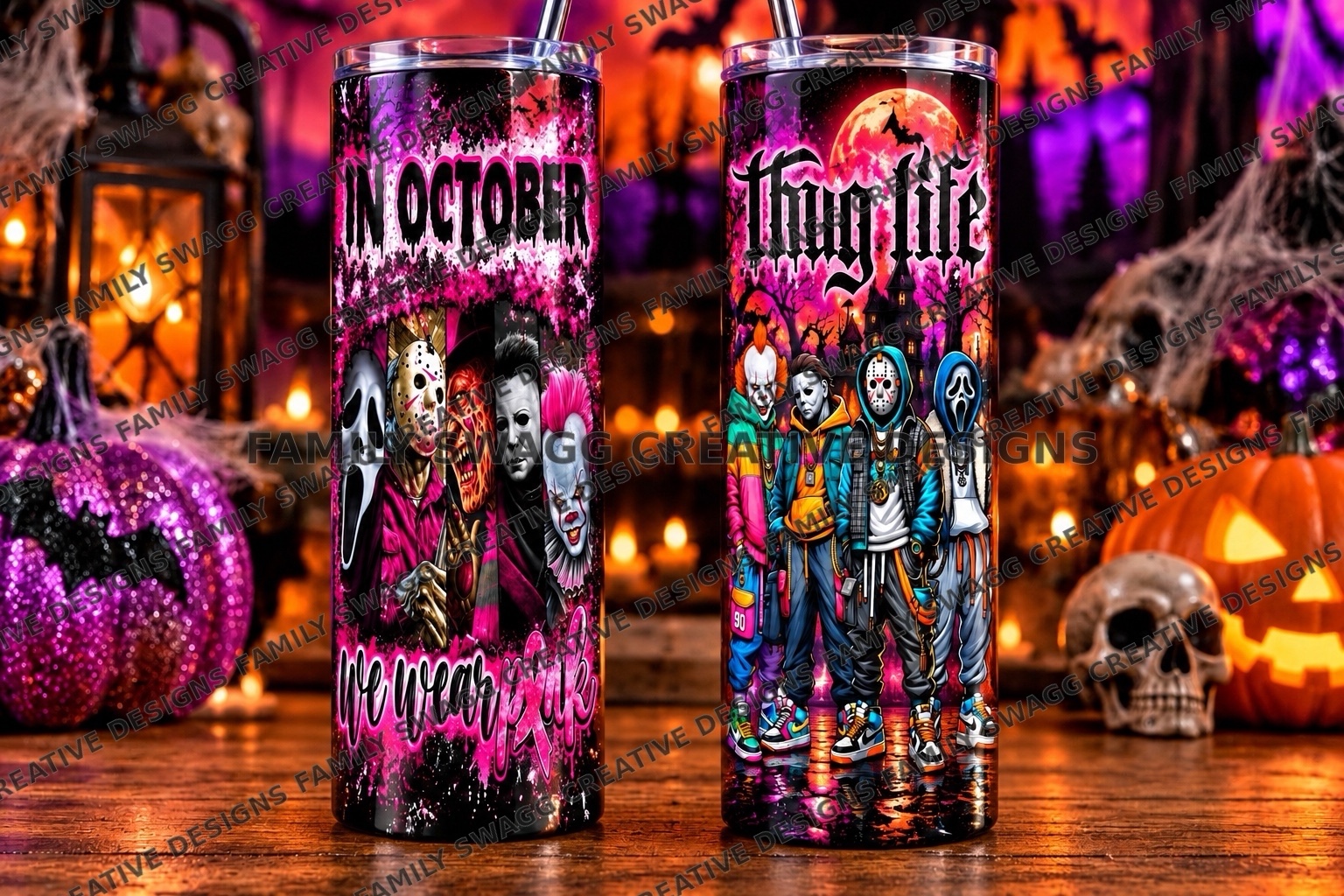 Two pink orange and black October themed tumblers displayed side by side