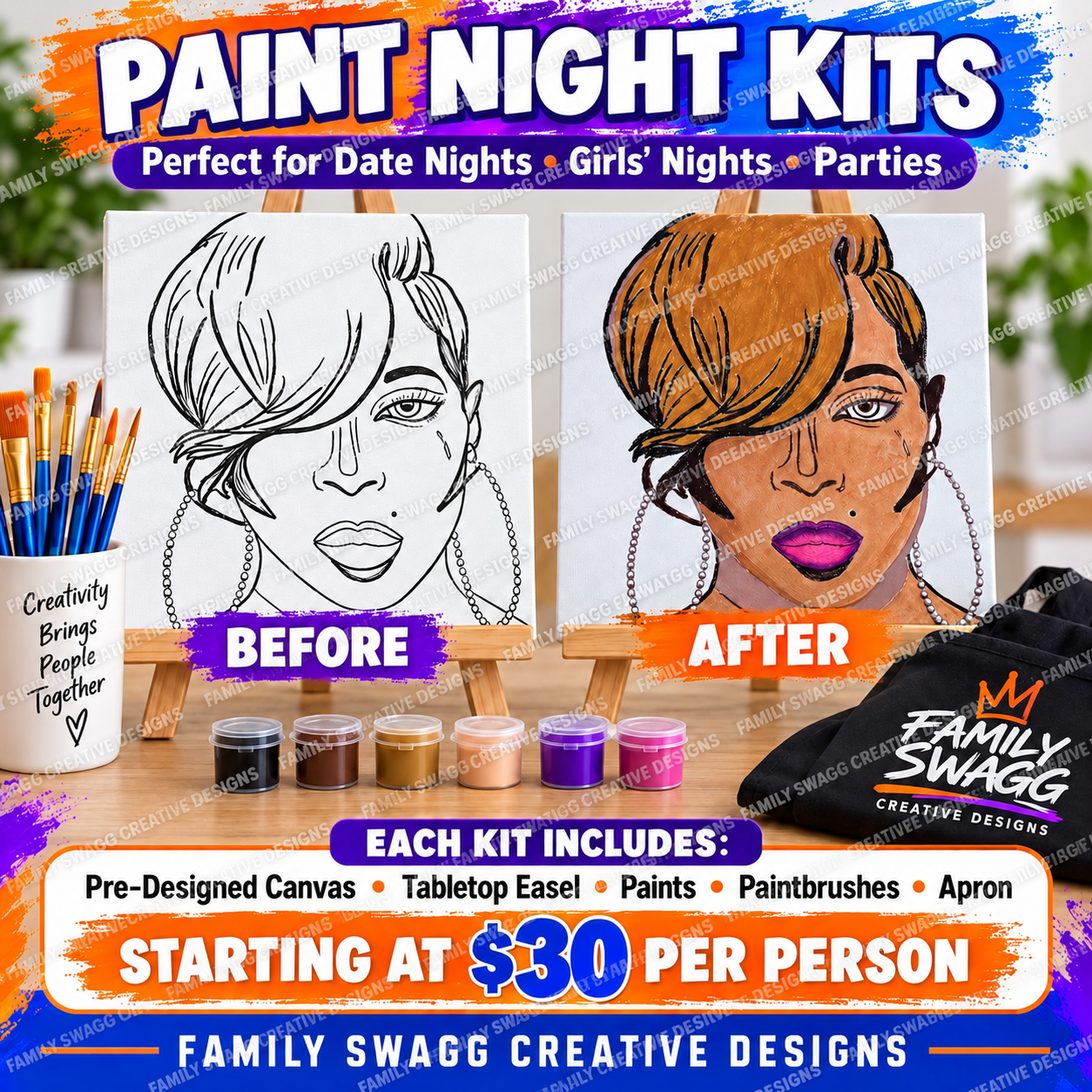 Paint Night Kits for date nights, girls' nights and parties with pre-designed canvas, tabletop easel, paints, paintbrushes and apron