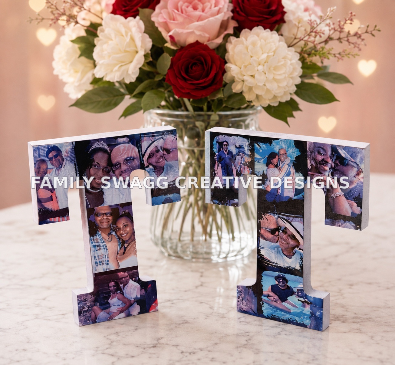 Two complete personalized freestanding T photo letters displayed side by side on an elegant marble surface with flowers